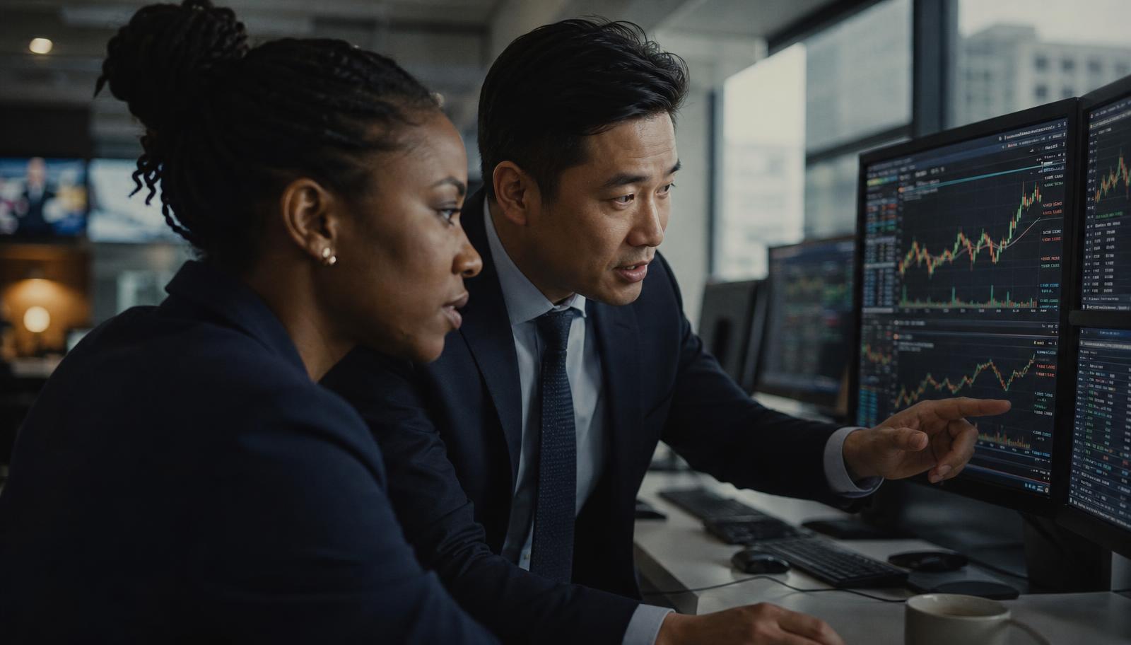 Two analysts reviewing small-cap stock charts on trading monitors