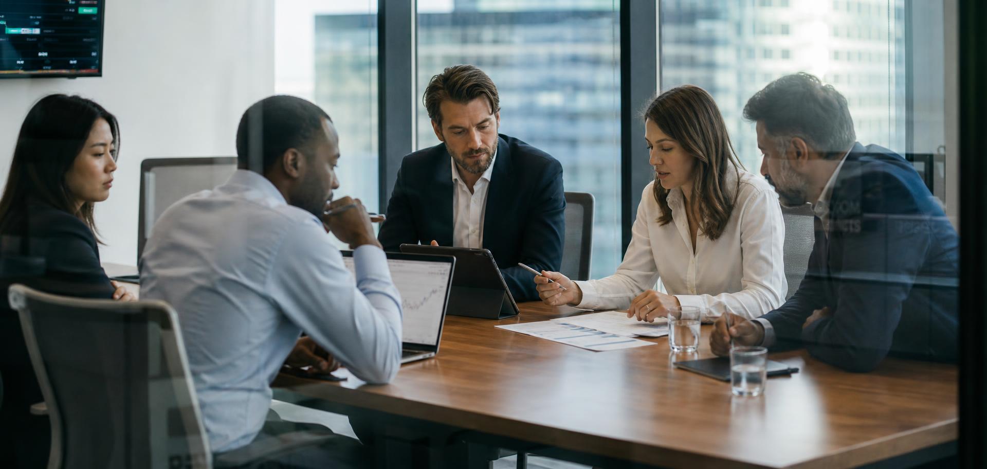 Diverse team of research analysts reviewing financial charts in a conference room